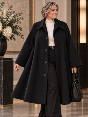 Vintage Louben Wool Cashmere A-Line Long Swing Coat Wide Sleeve Black